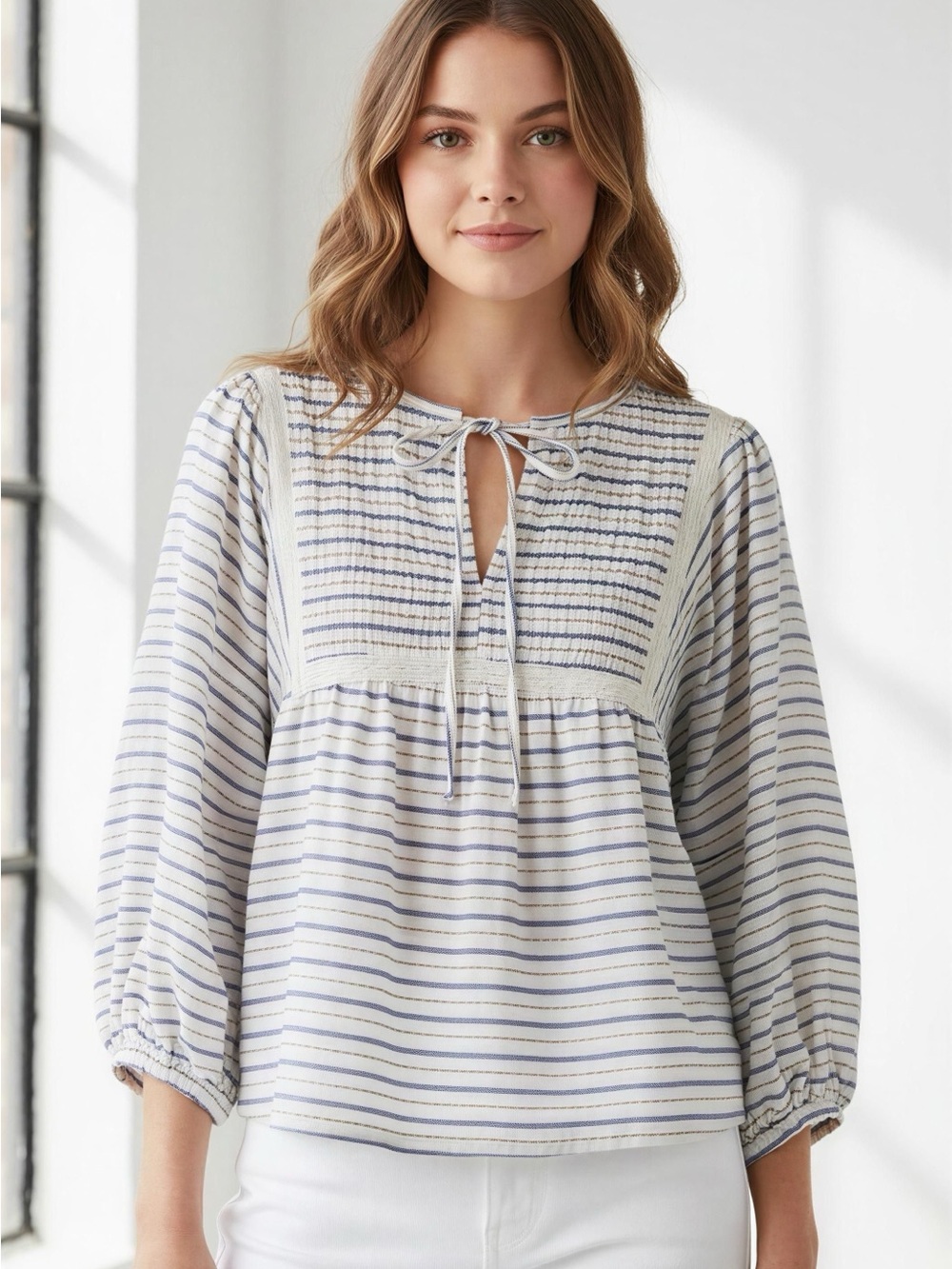 Striped Tie-Neck Peasant Blouse - Blue & Cream